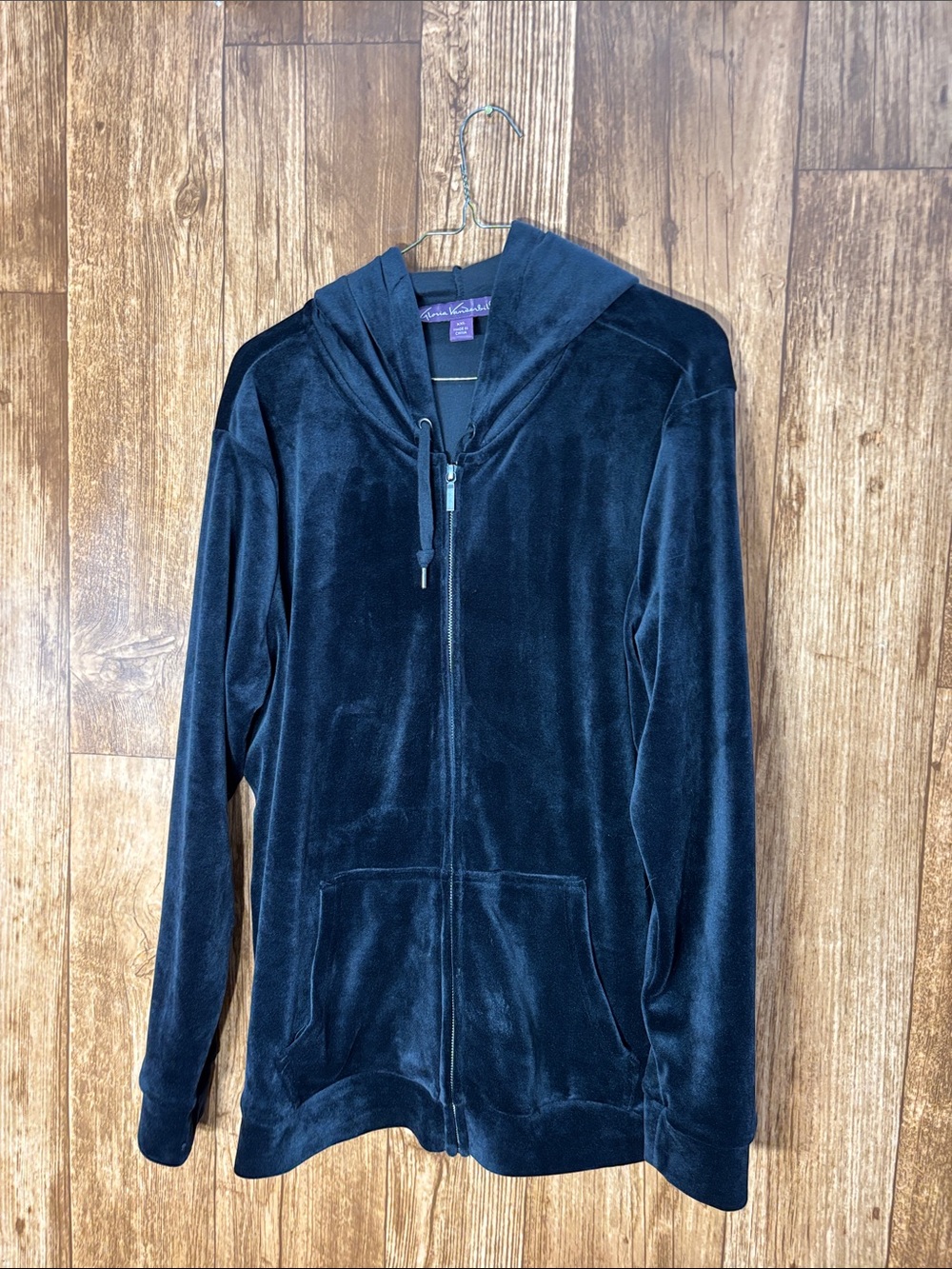 Gloria Vanderbilt Black Velour Zip-Up Hoodie Sweater